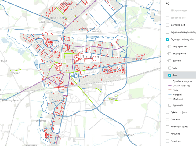 Nuværende cykelstier i Ringsted Kommune